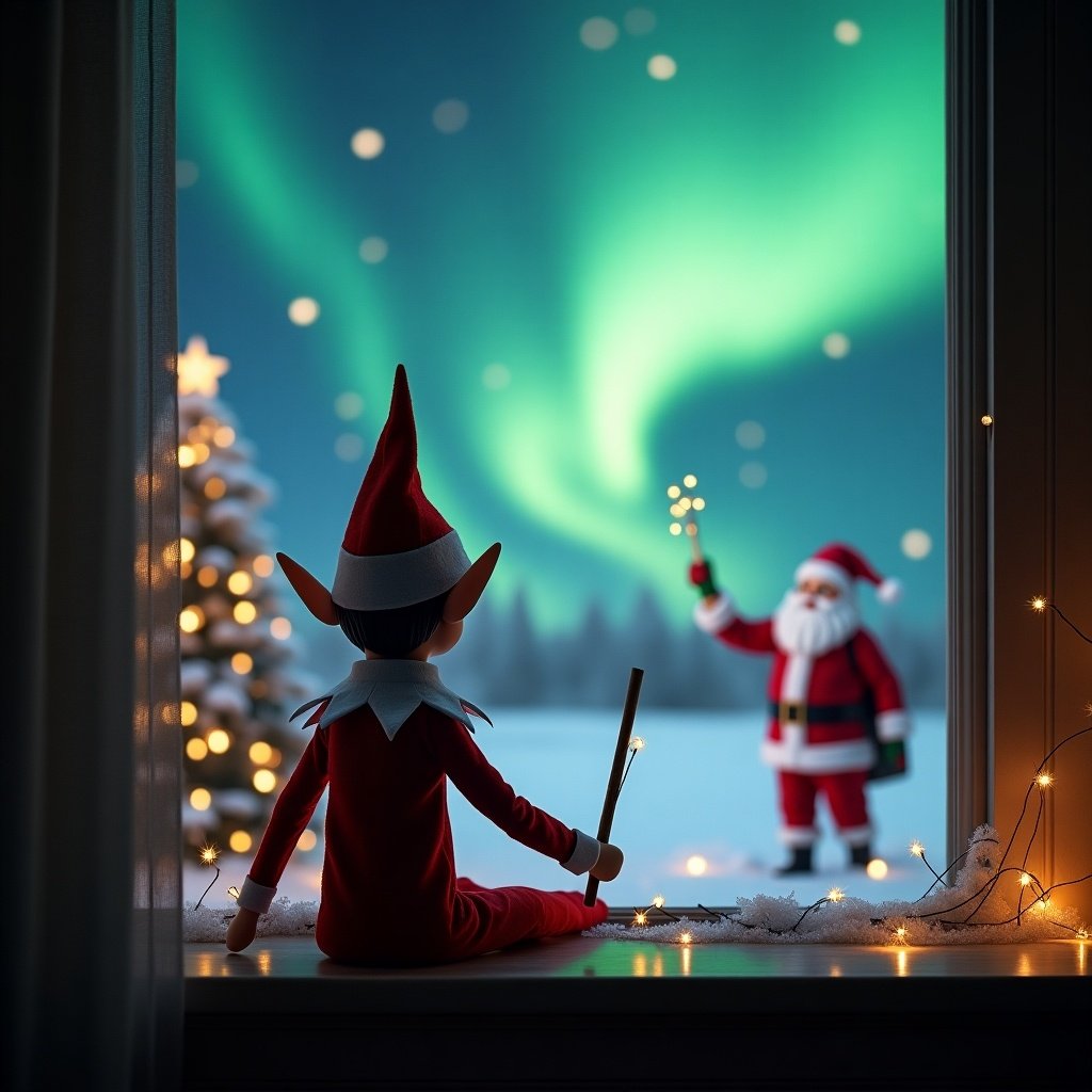 Elf on the shelf sitting with back to the viewer. Elf holding a wand to write Chase in the sky. Magical Christmas scene with northern lights and Santa in the background.