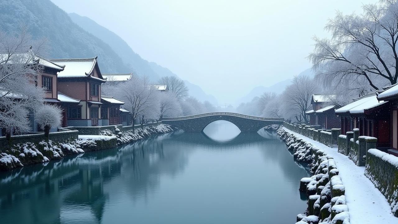 This image depicts a snowy scene in a Jiangnan water town. The town is covered with a thin layer of snow, creating a serene atmosphere. A small bridge gracefully arches over the flowing water. In the background, distant mountains enhance the picturesque view. The soft light adds a magical touch, resembling a scene from a movie. The overall effect is tranquil and inviting, showcasing the beauty of winter in this traditional setting.