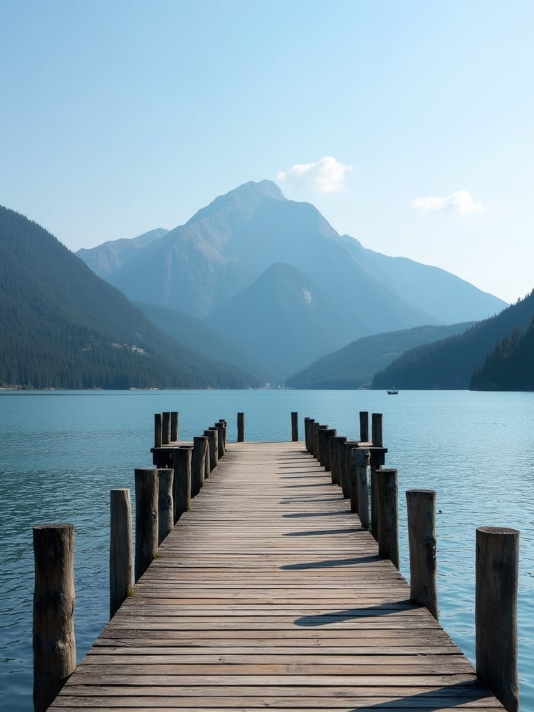 Wooden pier stretches towards serene mountain landscape over calm blue waters.