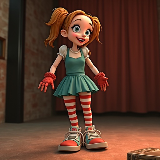 Sally Stageplay character from Cuphead is standing playfully. Character wears a cute dress and striped stockings. The character displays the soles of her bare feet. Light colors dominate the scene.