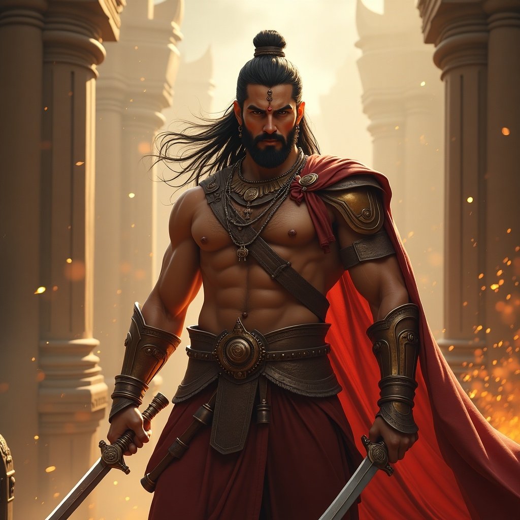 Ultra-HD depiction of a muscular warrior from Indian mythology. Warrior holds a weapon and wears traditional attire. Background features grand ancient architecture.