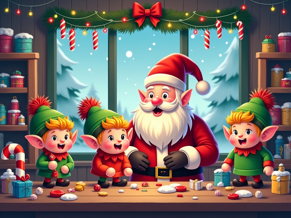 A joyful Christmas scene inside a workshop. Santa Claus is surrounded by cheerful elves, all smiling and engaged in festive activities. The elves are wearing green hats and red outfits, while Santa is dressed in his classic red suit. Brightly wrapped presents are scattered around the table, adding to the holiday spirit. Candy canes and colorful ornaments decorate the scene. Snow is visible through the cheerful window, implying a cozy winter atmosphere. Warm lights and decorations enhance the festive mood.