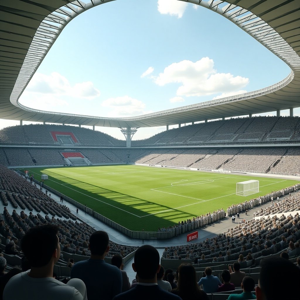 Futuristic football stadium designed for 90000 spectators featuring innovative architecture inspired by French Alps. View shows empty stands and green pitch under a bright sky.