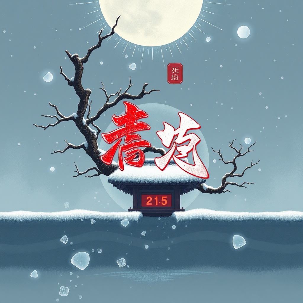 A tranquil scene features a moonlit snowy landscape with bare branches and prominent Chinese characters.