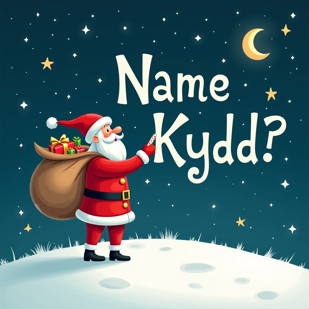 Santa Claus stands on a snowy hill. He writes names in the sky with a pencil. He wears red and white clothing. A large sack of gifts is on his back. The name 'Kydd' is displayed in a whimsical font.