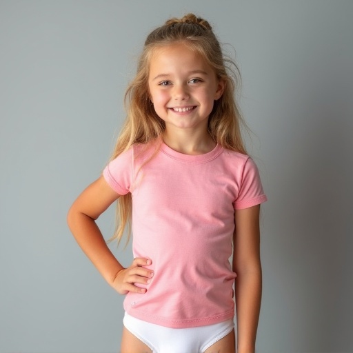 Image of a seven-year-old girl wearing a fitted pink t-shirt and white underwear. She has long blonde hair. Background is soft gray. Lighting is soft and inviting. She poses relaxed with one hand on her hip. It shows comfort and innocence of childhood.