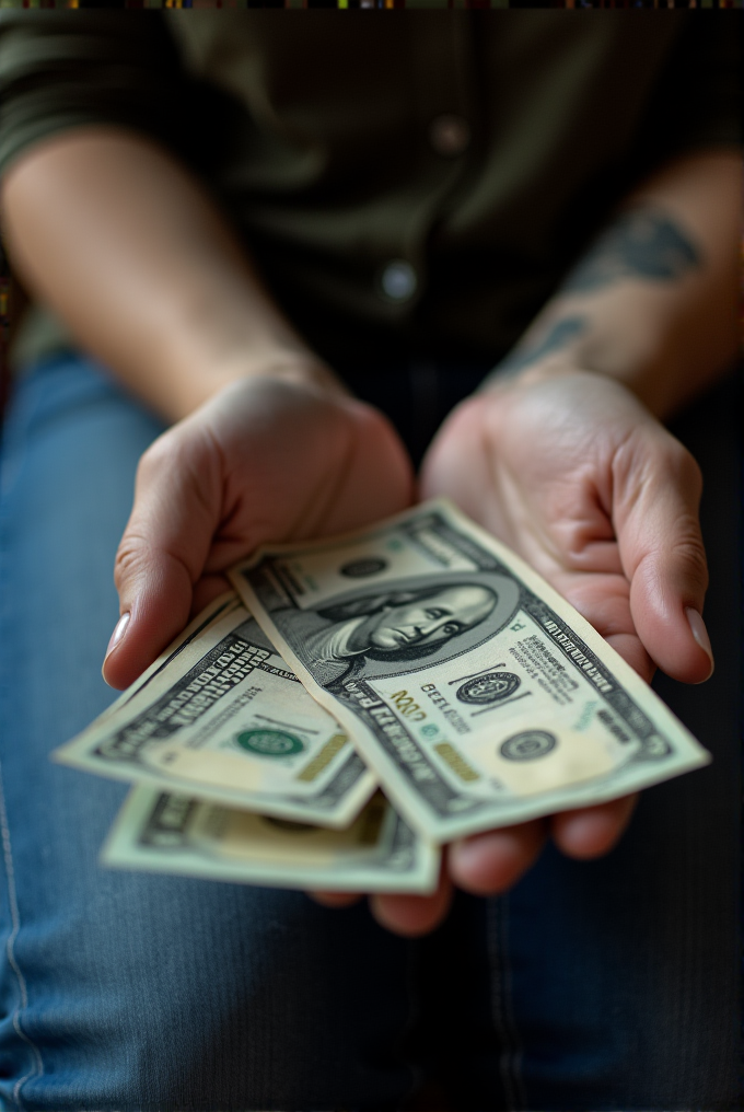 A close-up image of a pair of hands holding multiple US $100 bills.