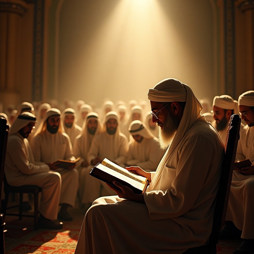 A scene depicting individuals engaged in religious recitation. The participants are wearing traditional attire and are focused on reading from open books. The atmosphere is serene with soft lighting illuminating the group from above. The setting showcases a spiritual gathering or prayer session.