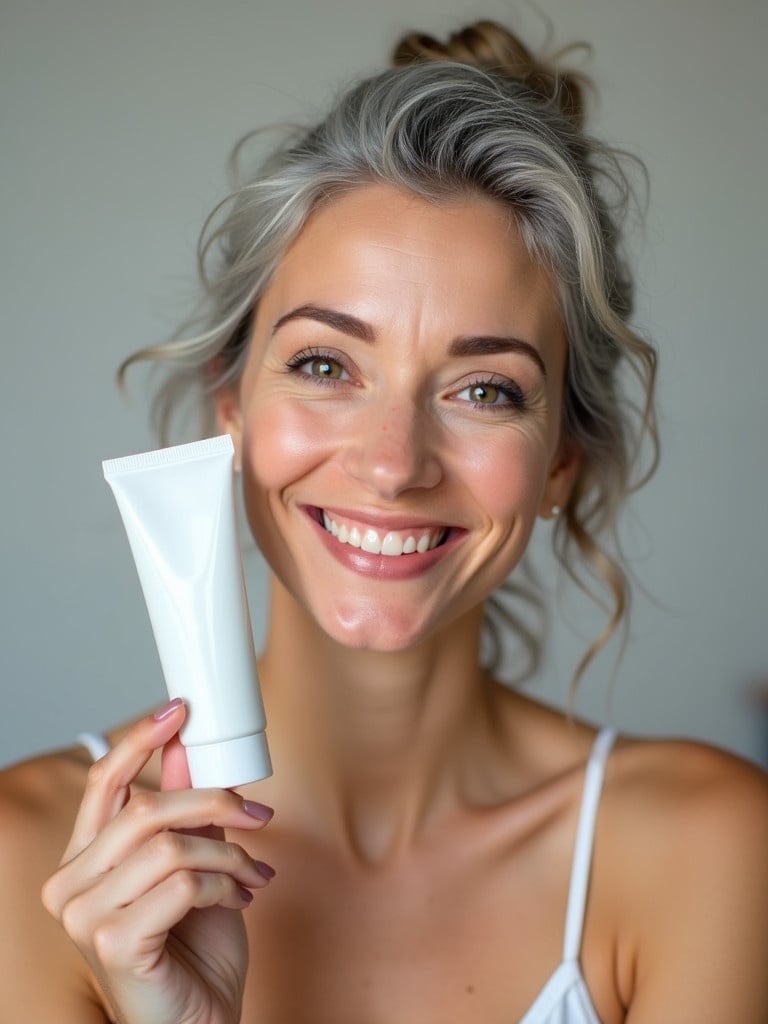 A smiling woman with gray hair holds a skincare product in a tube. The setting is bright and airy with soft natural lighting. The focus is on the skincare product, showcasing its packaging and the woman's joyful demeanor.