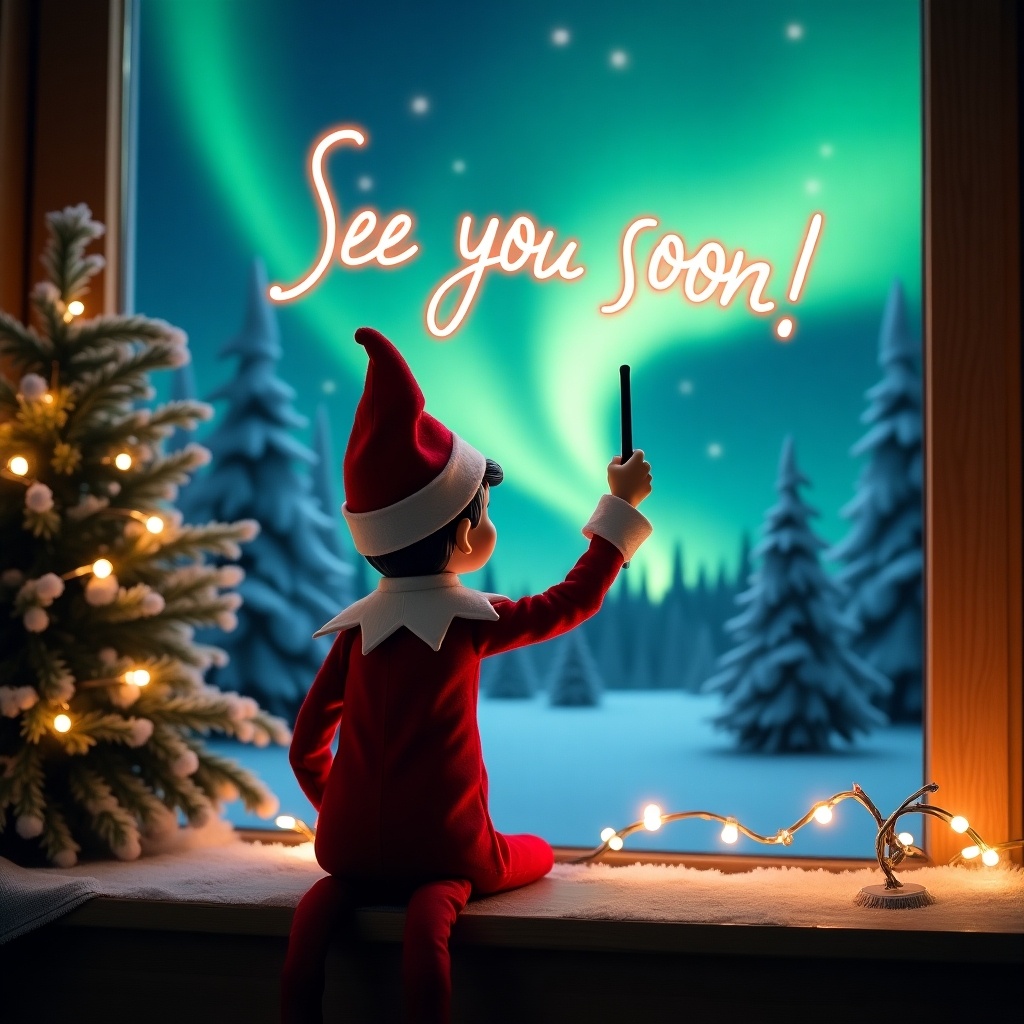 An enchanting Christmas scene features an elf on the shelf facing the sky with his back to the viewer. The elf is dressed in red and white, holding a magic wand. He is writing 'See you soon!' in glowing script above him. The backdrop has vibrant northern lights, creating a magical ambiance. The festive setting portrays the spirit of Christmas with a whimsical twist. This elf's position and action evoke a sense of wonder and excitement, capturing the joy of the holiday season.