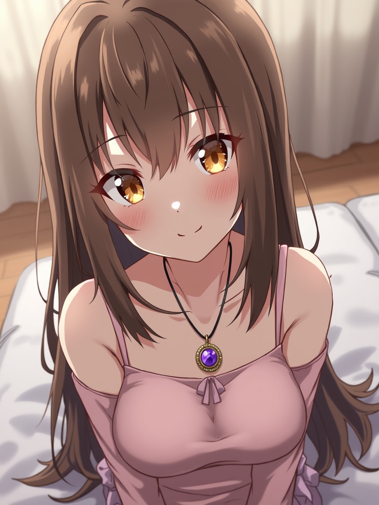 Anime-style female character with brown hair and orange eyes. She wears a necklace with a purple gemstone pendant. Set inside a room with soft lighting. Sitting on the bed.