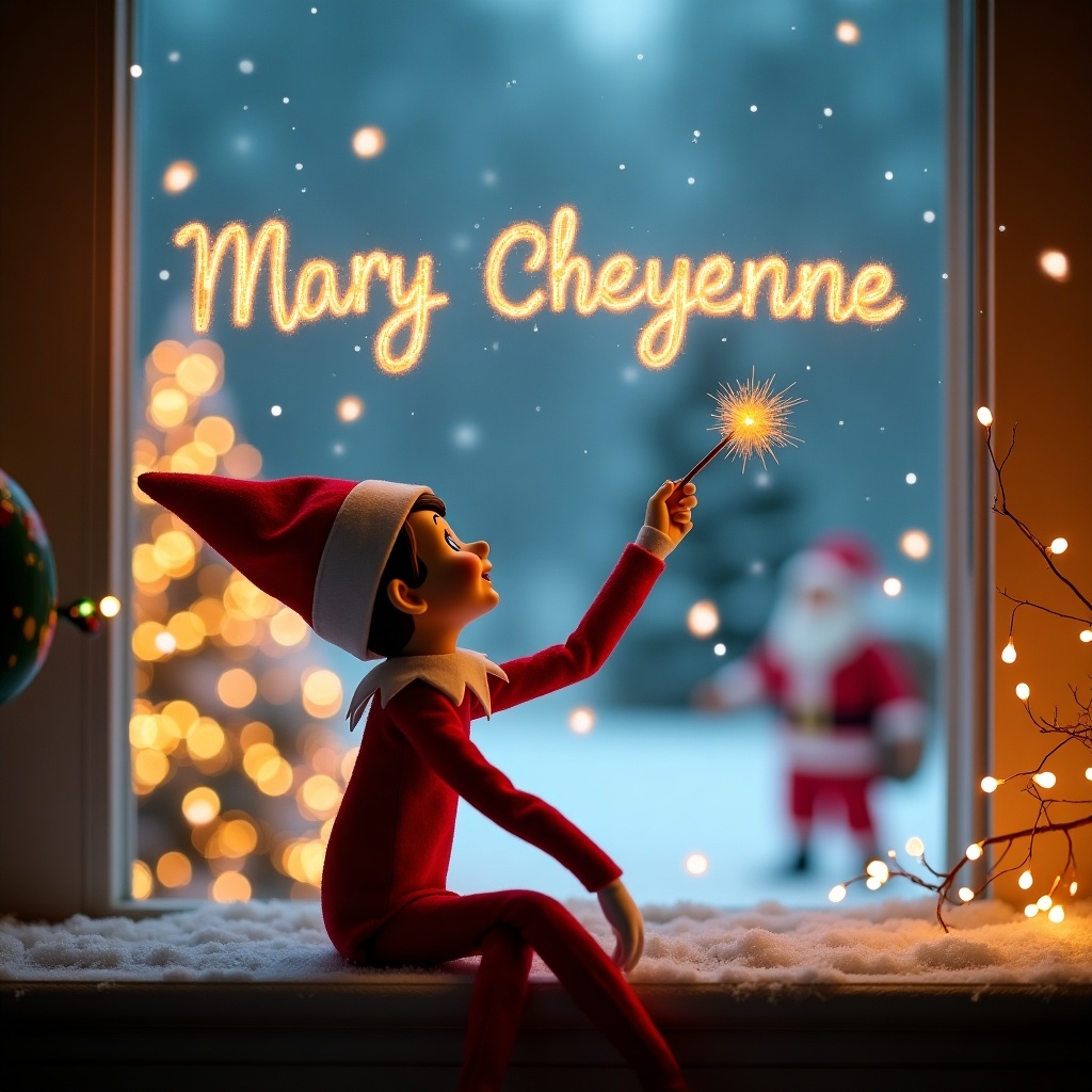 Elf faced towards the sky. Elf writes 'Mary Cheyenne' with a wand. An angel appears beside the name. Background features a magical Christmas scene with Santa.