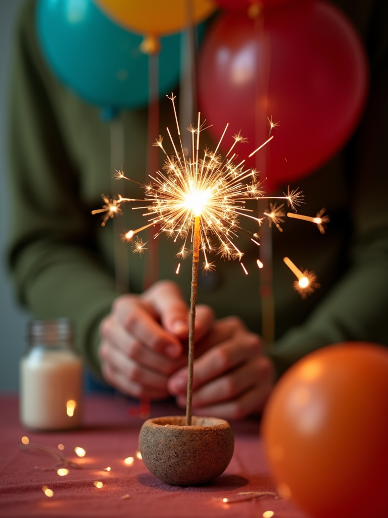 A person holding a lit sparkler with colorful balloons in the background.