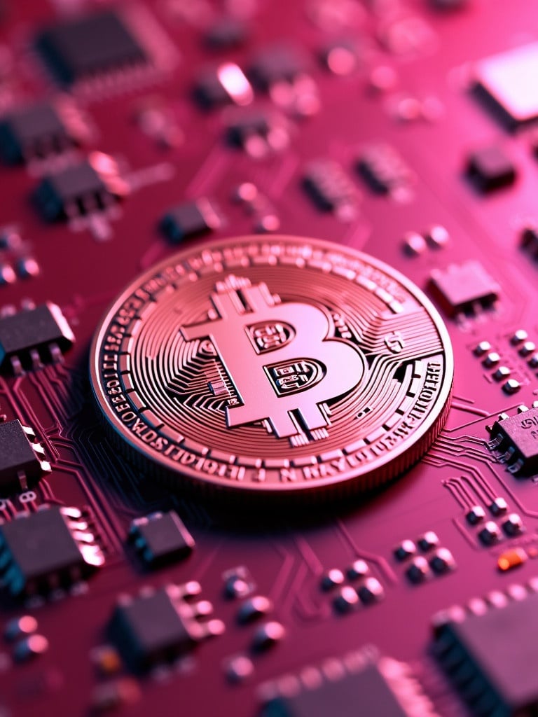 Close-up view of a digital coin displaying the Bitcoin symbol against a pink motherboard backdrop. The background features circuit elements enhancing a digital aesthetic.