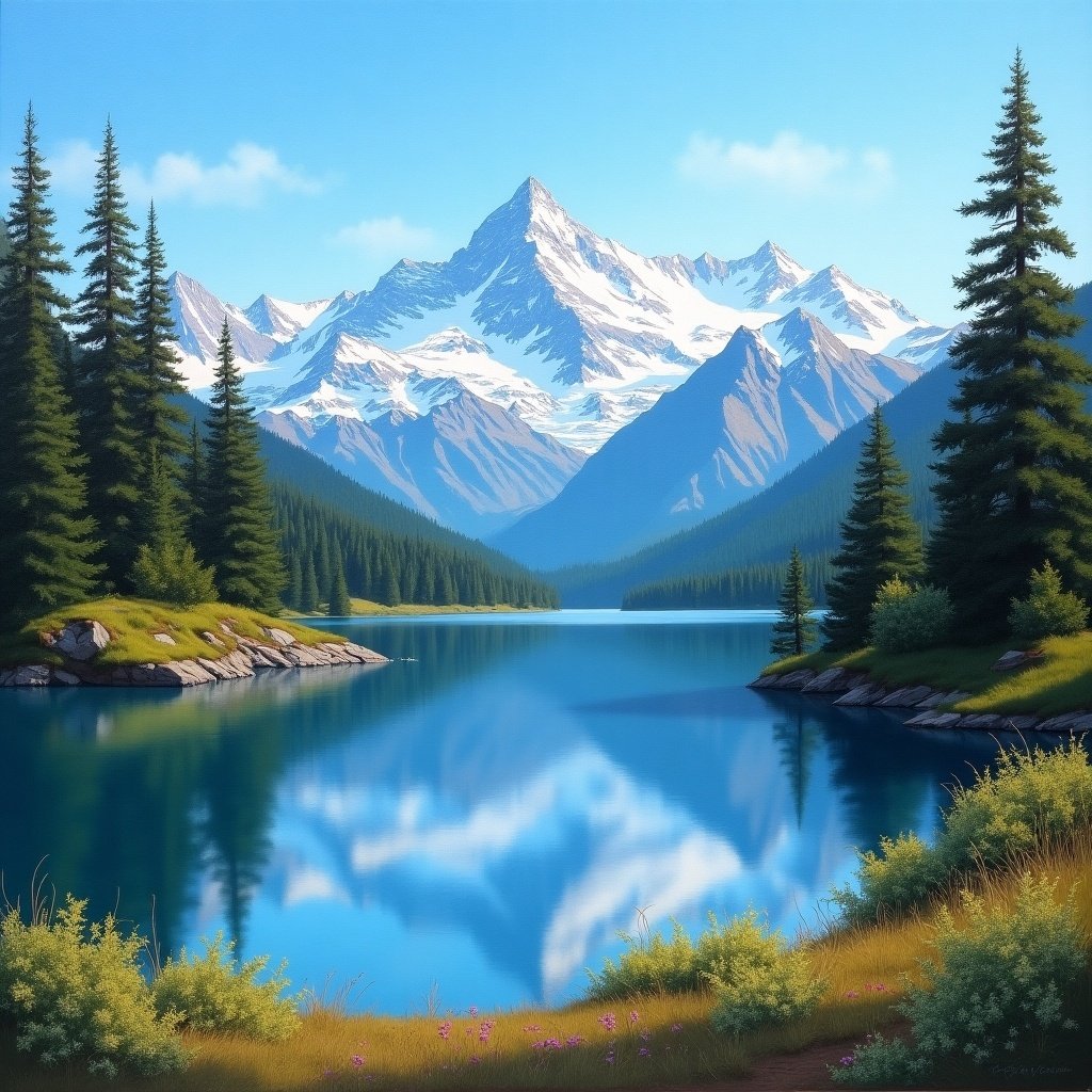 Beautiful landscape featuring mountains and a lake. Forested area surrounds the water. Bright blue sky. Pine trees in the foreground. Reflections in the lake. Scenic view of nature.