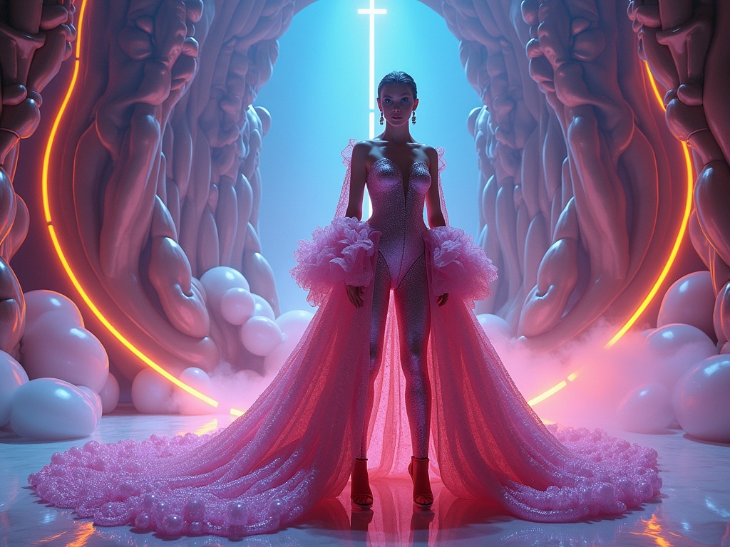 Futuristic avant garde couture fashion show scene features a model in a striking pink gown with exaggerated elements set in a surreal, luminous environment.