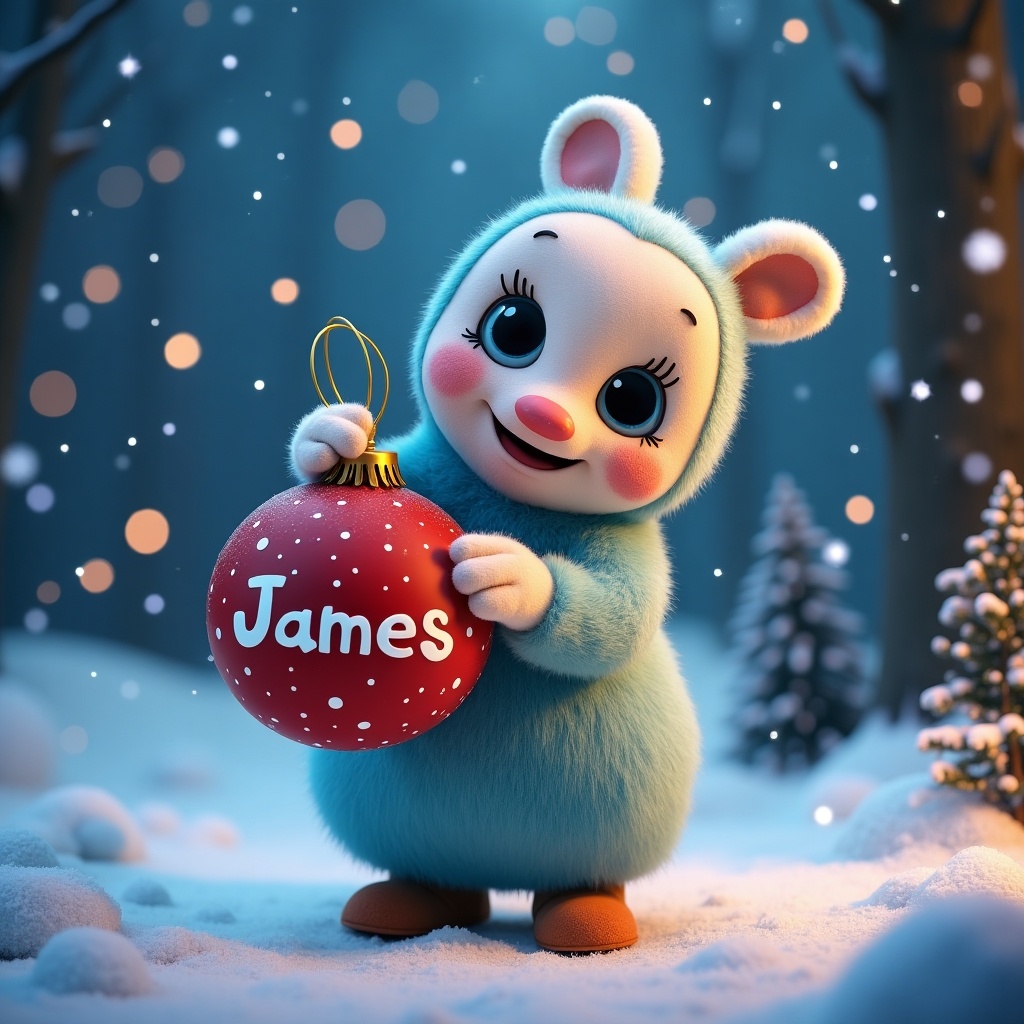 This image features a cute cartoon character, resembling Igglepiggle, dressed in a cozy blue outfit with bunny ears. The character is joyfully holding a bright red Christmas bauble that has the name 'James' on it. The setting is a magical winter wonderland, with soft snow covering the ground and twinkling lights surrounding the character. Fluffy white clouds and evergreen trees further enhance the festive mood. The overall atmosphere is cheerful and inviting, perfect for the holiday season.