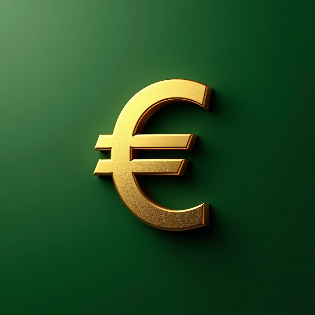 A gleaming golden Euro symbol against a deep green background.