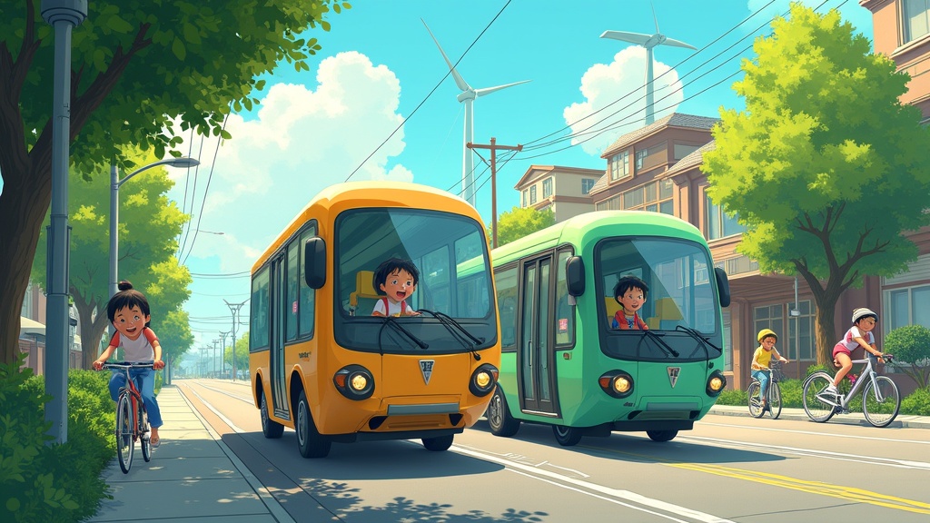 Illustration inspired by Studio Ghibli of eco-friendly buses. Buses glide on a street next to a bike lane. Scene filled with greenery solar panels and wind turbines. Children play in a bright atmosphere. Soft textures and dappled shadows of sunlight.