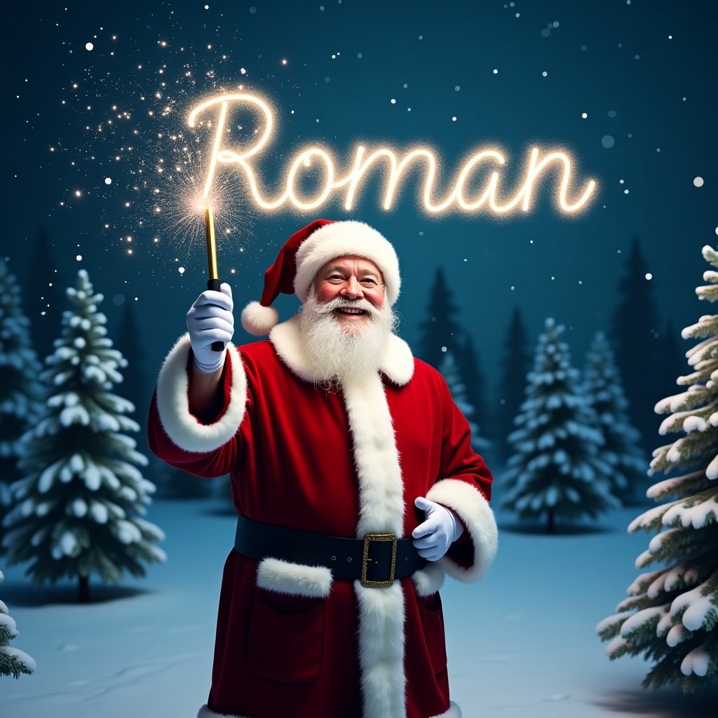 Jolly Santa Claus in snowy landscape holding magical wand. Wand shines sparkles with name Roman. Classic red suit with white fur trim. Eyes twinkle with joy writing names in sky. Snowy scene with evergreen trees and starry night sky. Festive magical atmosphere for holiday season.