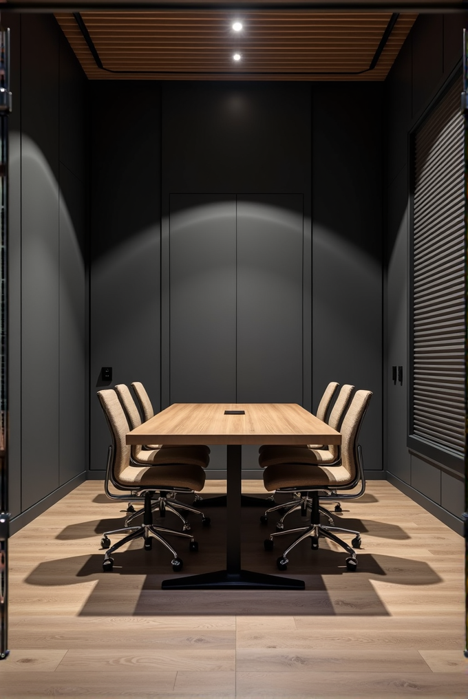 A small, modern conference room with a wooden table and chair set against dark paneled walls.