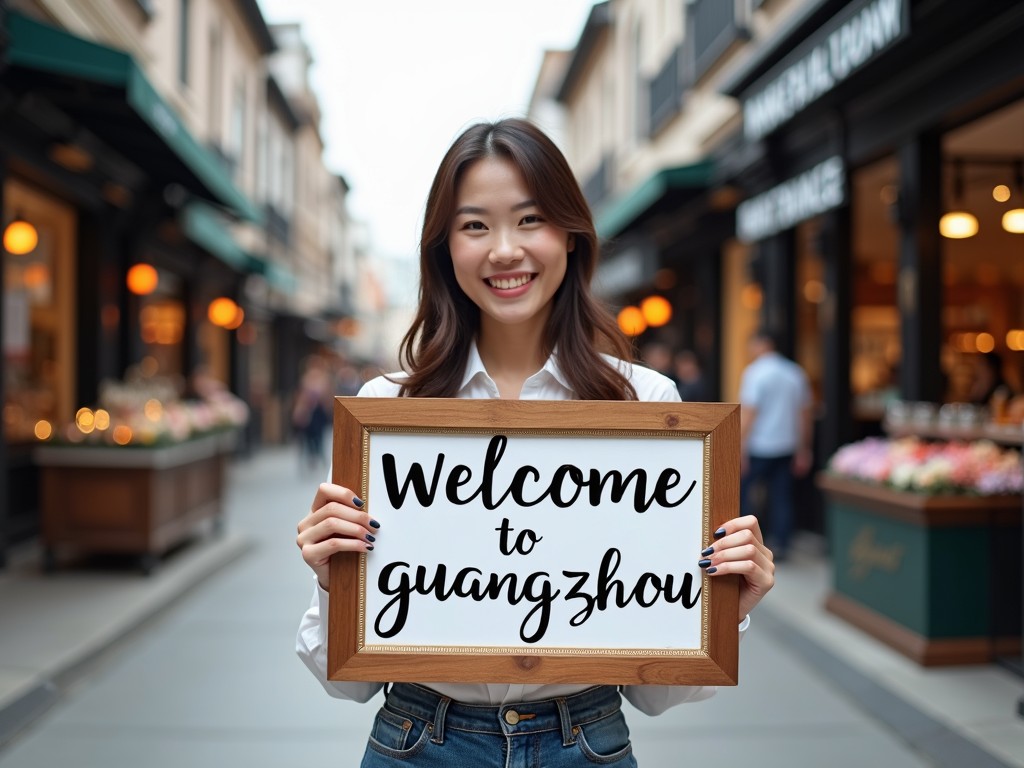 A young woman with a bright smile holds a framed sign reading 'Welcome to Guangzhou' in a bustling street. The background features a blurred urban setting with shops and soft lighting, evoking a welcoming and vibrant atmosphere. This image captures the spirit of hospitality and the lively streetscape of a city rich in culture and energy.