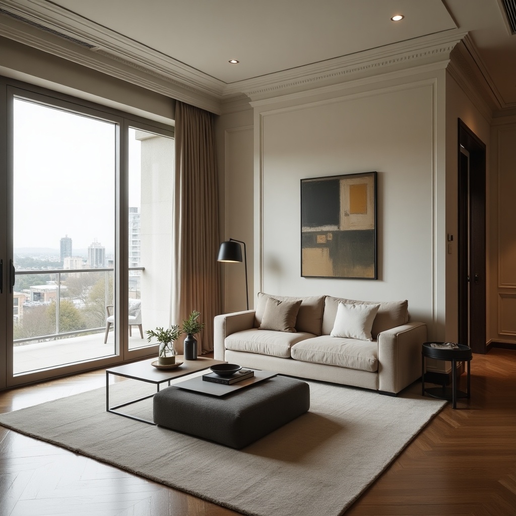 Interior design of a private residence condo living room featuring a big window. Low Italian sofa in muted tones. Neutral colors and natural light enhance the space. Crown molding adds elegance. An art piece hangs in the background. Minimalistic style inspired by Japandi and Norm Architects.