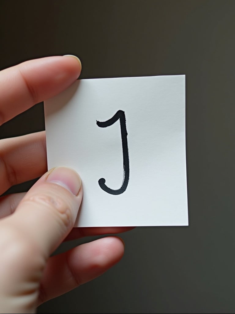 A person holds a piece of paper with a handwritten letter J. The focus is on the hand and the paper. The background is simple and unobtrusive.