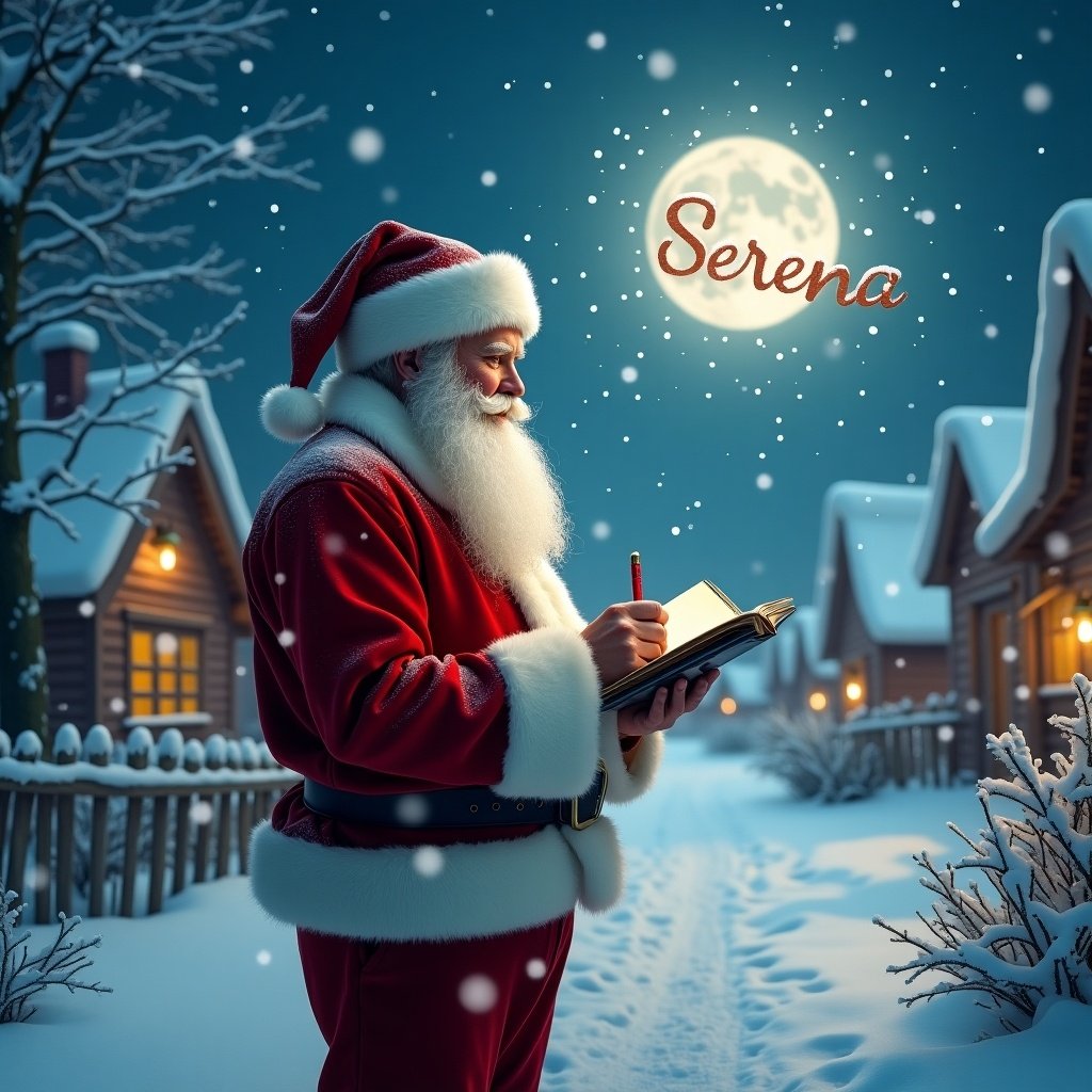 Santa Claus dressed in red and white suit stands in snowy village. He writes in notebook, illuminated by moonlight. Snowflakes fall around. 'Serena' written in the sky adds a personal touch.