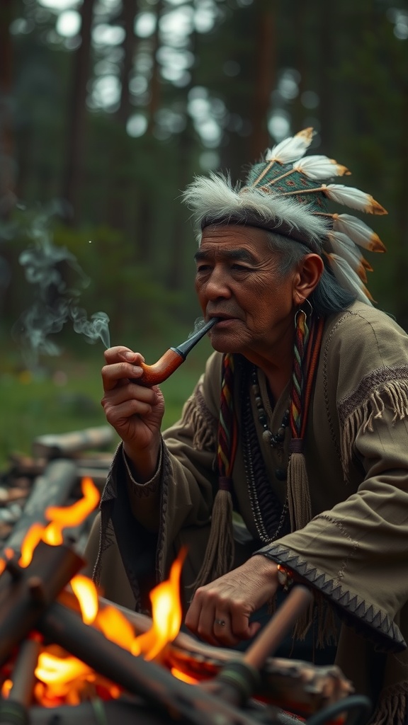 An elder in traditional attire smokes a pipe beside a campfire in a forest.