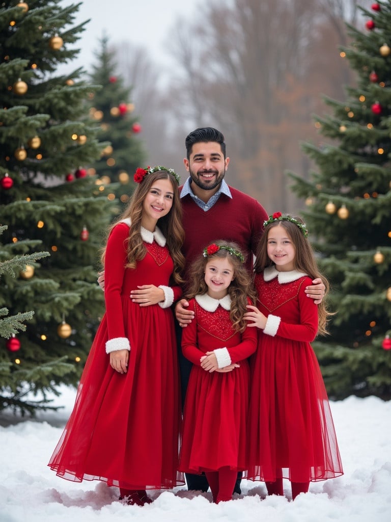 Family in festive Christmas dresses stand together in front of Christmas trees. They wear red dresses with white accents. The background features snowy landscape with evergreen trees decorated for Christmas.