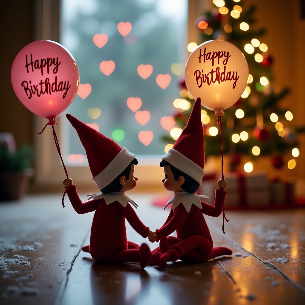 Two elves sitting on the floor. They hold Happy Birthday balloons. Charming Christmas scene with colorful lights. Cozy Christmas tree in the distance. Snow covers the ground. The elf brings magic of Christmas.