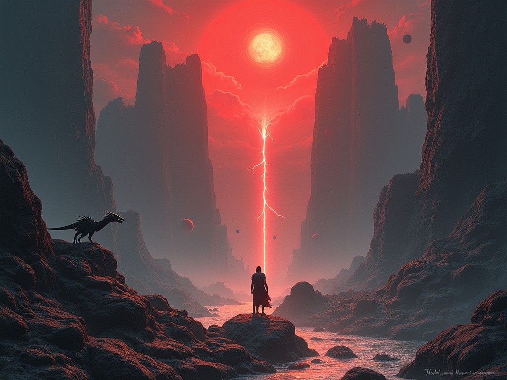 This artwork is designed as an album cover that encapsulates a dark fantasy sci-fi rock theme. It features a solitary warrior standing in a striking, otherworldly landscape under a vivid red sun. The environment includes ancient formations and rivers, with various celestial bodies illuminating the background. A giant fire-breathing dragon is prominent, alongside other mythical creatures, enhancing the narrative feel. The dramatic lighting and contrasting colors create a sense of wonder and trepidation, ideal for an exploration-themed storyline.