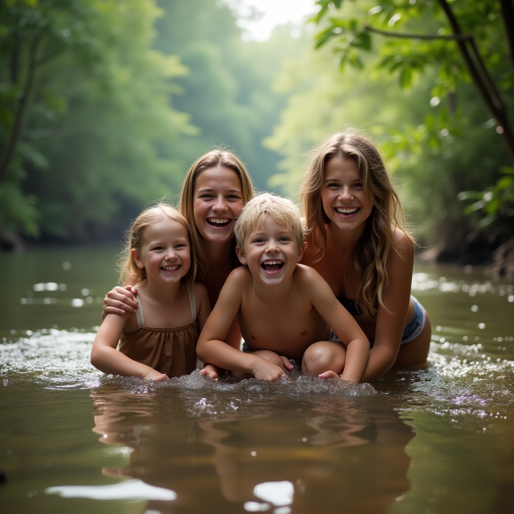 A joyful family smiles together by a jungle riverbank. The scene features a mother with her three children enjoying a playful moment in the water. They are surrounded by lush green trees and a serene river. Sunlight filters through the leaves, illuminating their cheerful faces. This playful interaction captures the essence of family bonding in nature. It's a perfect representation of happiness and togetherness in outdoor recreation.