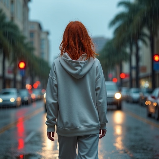 A girl with red hair wears a hoodie and sweatpants. She looks sad with her hood up. She walks in the rain in downtown Florida. Cars are moving by on the street. Mood is reflective and urban.