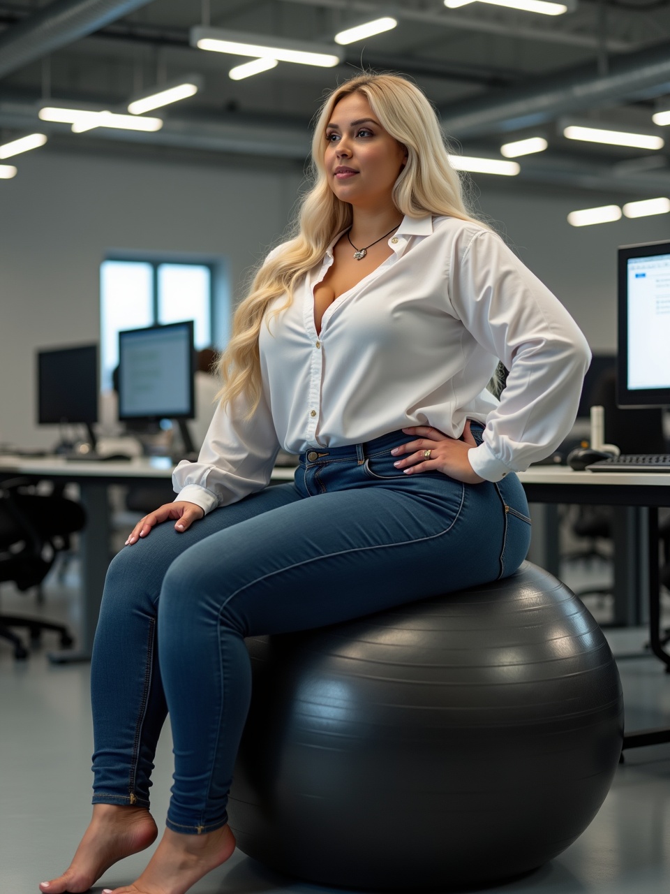 The image features a young, curvy woman sitting confidently on a shiny black yoga ball in a Danish office environment. She is dressed in tight jeans and a white shirt, showcasing her style. With long blond hair flowing down her shoulders, she embodies a blend of professionalism and comfort. The office setting is minimalistic with computers in the background, indicating a modern workspace. The lighting highlights her features, creating a welcoming and empowering atmosphere.