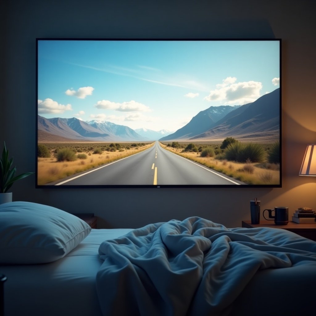 A tranquil bedroom setting with a large screen TV showing a landscape of a road.