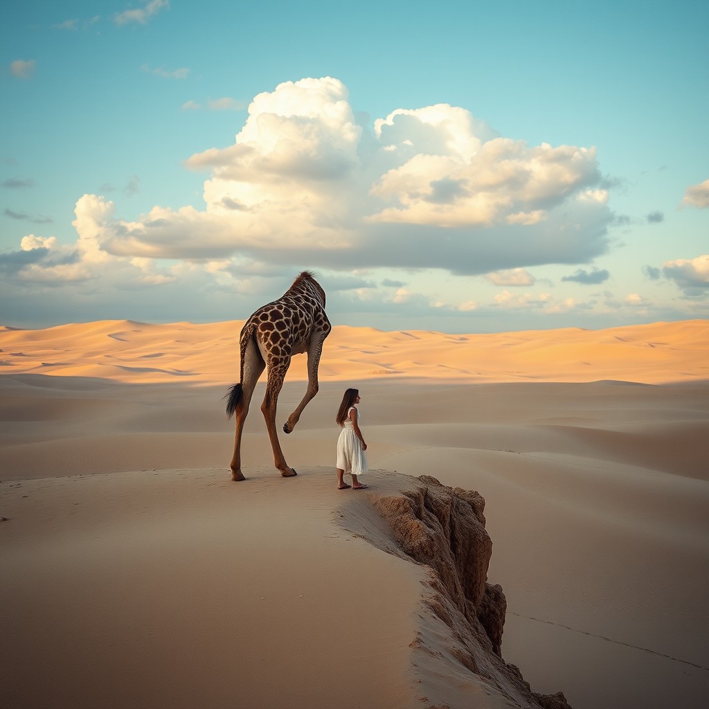 A child and a giraffe stand at the edge of a vast, sandy desert under a sky full of fluffy clouds.