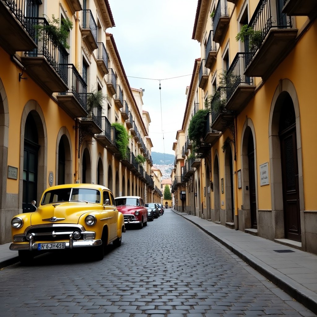 Narrow street with cobblestones features vintage yellow vehicles and old buildings