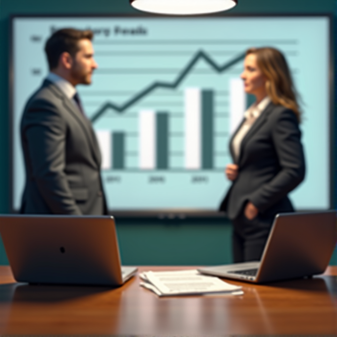 Two business professionals in a formal meeting with laptops and a presentation graph in the background.