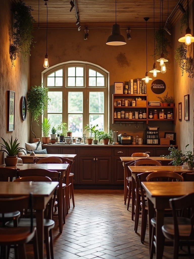 Cozy café with warm inviting atmosphere. Ample seating area with functional layout. Pendant lights hang from the ceiling. Soft lighting enhances the ambiance. Plants adorn the space surrounding large window.