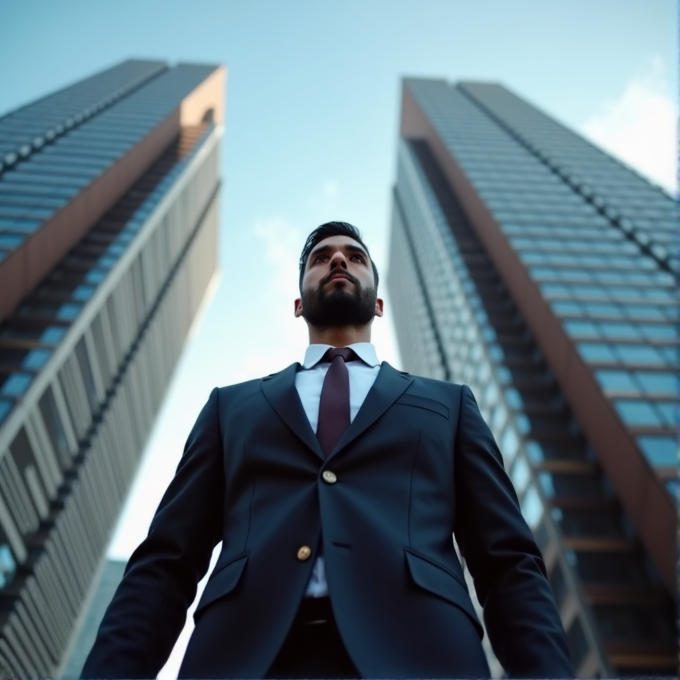 A confident man in a suit is standing between two towering skyscrapers against a clear blue sky, symbolizing ambition and success.