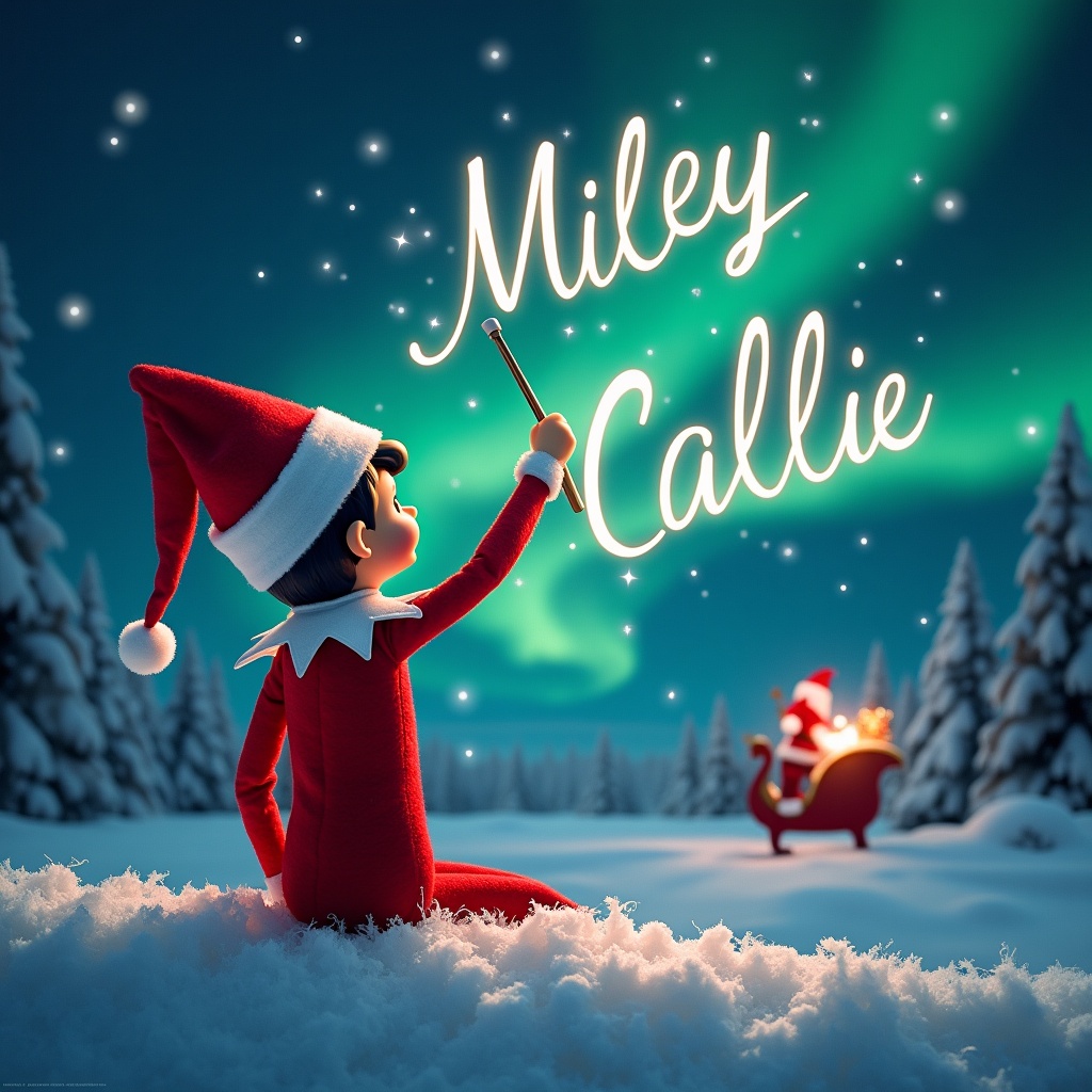 Christmas scene with an elf on the shelf. The elf faces away and gazes up writing 'Miley' and 'Callie' in the night sky. Northern lights illuminate the background with Santa Claus in the distance. Snow covers the ground creating a magical winter landscape.