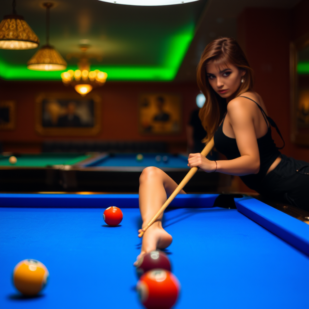 A woman confidently shoots pool in a stylishly lit billiard room.