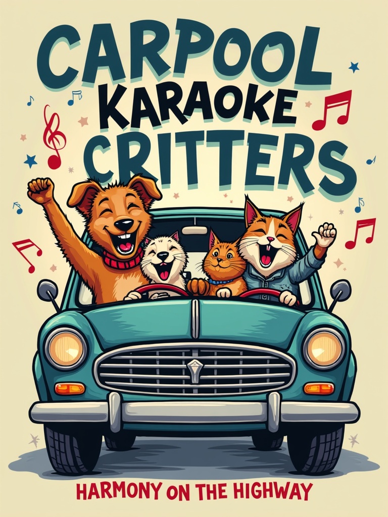 Design a T-shirt featuring a group of animals singing in a car. Include a dog driving a car and other animals enjoying the ride. Create a fun and colorful atmosphere. Add the caption 'Carpool Karaoke Critters: Harmony on the highway'.