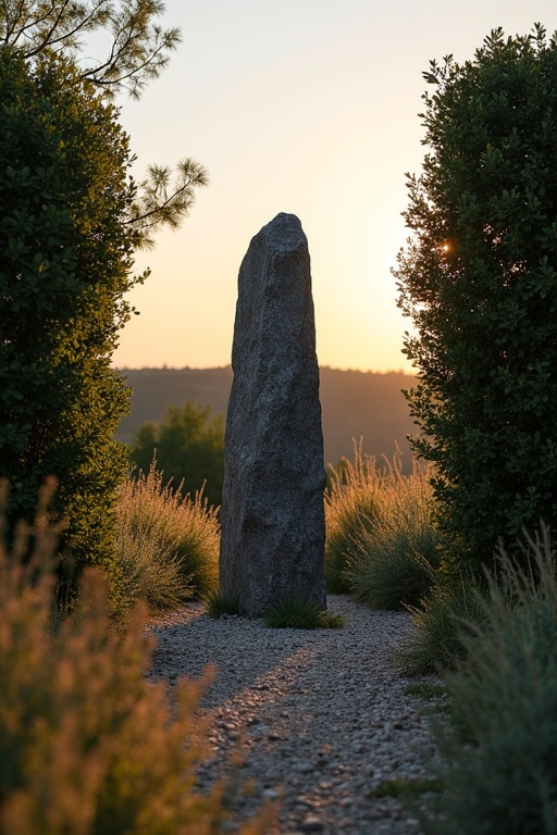 Menhir stands 2 meters high. It is made of dark granite. Calm and strong presence. Tall shrubs surround it. Stony ground with sparse wild herbs. Southern France landscape at evening light in spring.