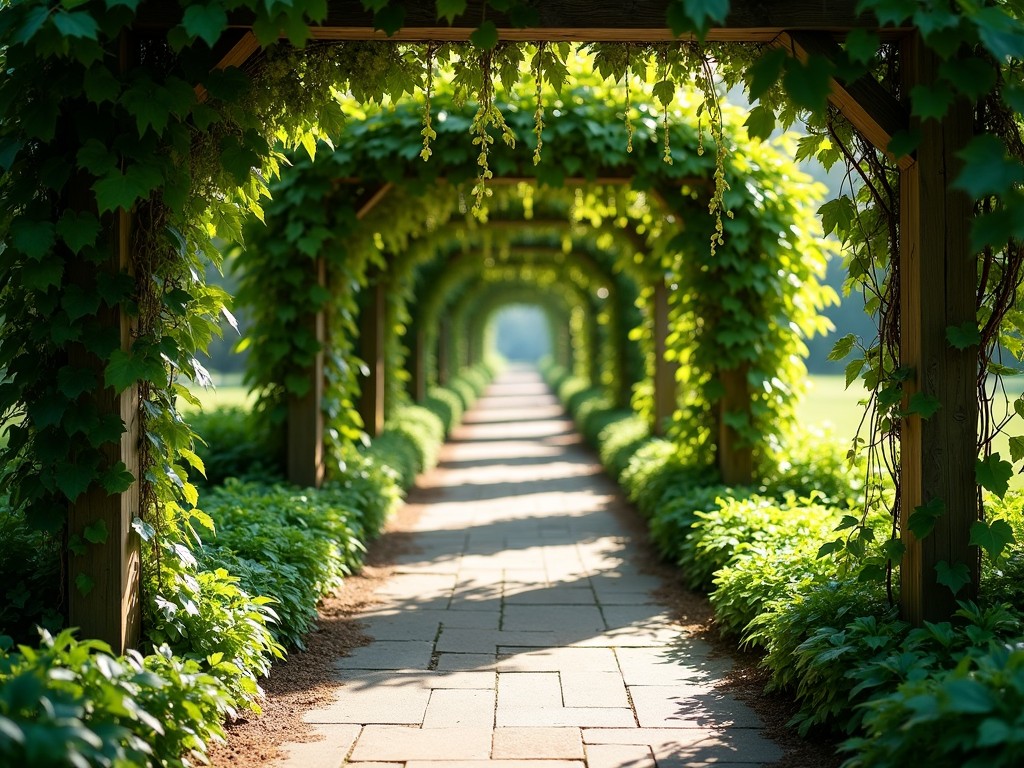 The image depicts a serene garden pathway framed by lush greenery. Archways of vines create a natural tunnel effect, guiding the viewer's eye along the path. Sunlight filters through the leaves, casting a warm glow on the stone walkway. The scene invites a sense of peace and tranquility, perfect for a leisurely stroll. This enchanting setting is ideal for anyone looking to connect with nature.