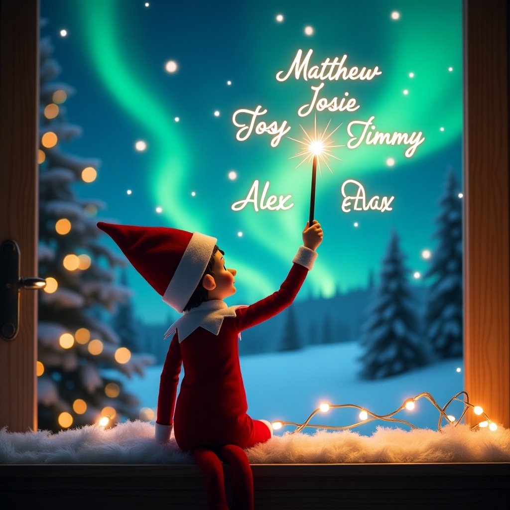 An enchanting Christmas scene features a charming elf on the shelf, dressed in traditional red and white. The elf is positioned facing the vibrant sky, with its back to the viewer. Wielding a magical wand, the elf writes names in a glowing script. The beautiful backdrop showcases the northern lights, enhancing the magical atmosphere. The entire scene embodies the festive spirit of Christmas, filled with wonder and excitement.