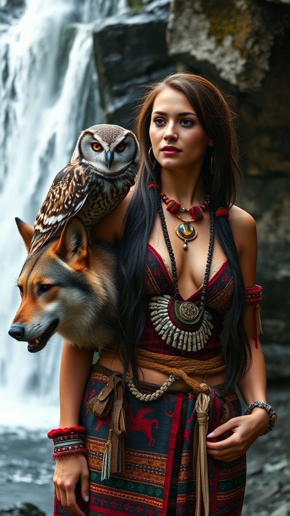 A mystical woman with a wolf and owl by a waterfall.