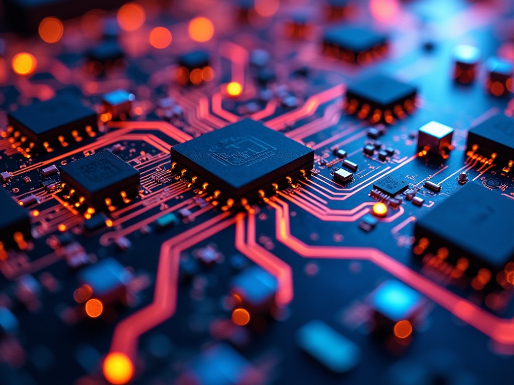 This image captures a detailed close-up view of an electronic circuit board. The focus is on a central microchip surrounded by smaller components. Glowing elements in orange and red provide an eye-catching contrast against the dark background. The intricate pathways between the components create a complex and fascinating visual. This macro perspective highlights the advanced technology and design of modern electronics.